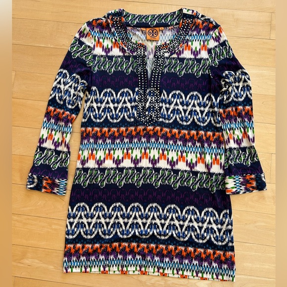 Tory Burch Navy/Multi-Colored Embellished Silk Women’s Tunic Size Medium - Picture 1 of 11